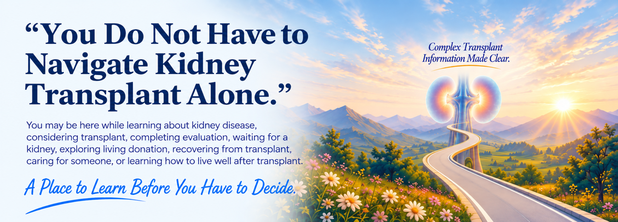 Kidney Transplant Can Feel Like a Lot. Clear Information for Every Step of the Journey. You may be here while learning about kidney disease, considering transplant, completing evaluation, waiting for a kidney, exploring living donation, recovering from transplant, caring for someone, or learning how to live well after transplant. A Place to Learn Before You Have to Decide.